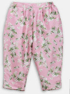 Ahalyaa Pink Poly Silk Solid Kids Kurta with Printed Pant Set For Girls