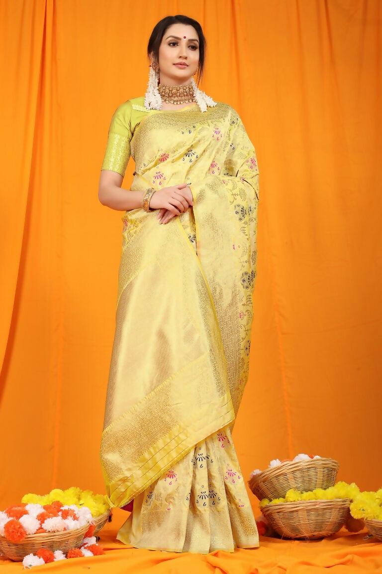 Jyoti Fashion Women's Cream Kanjivaram Silk Zari Woven Saree with Blouse - Distacart