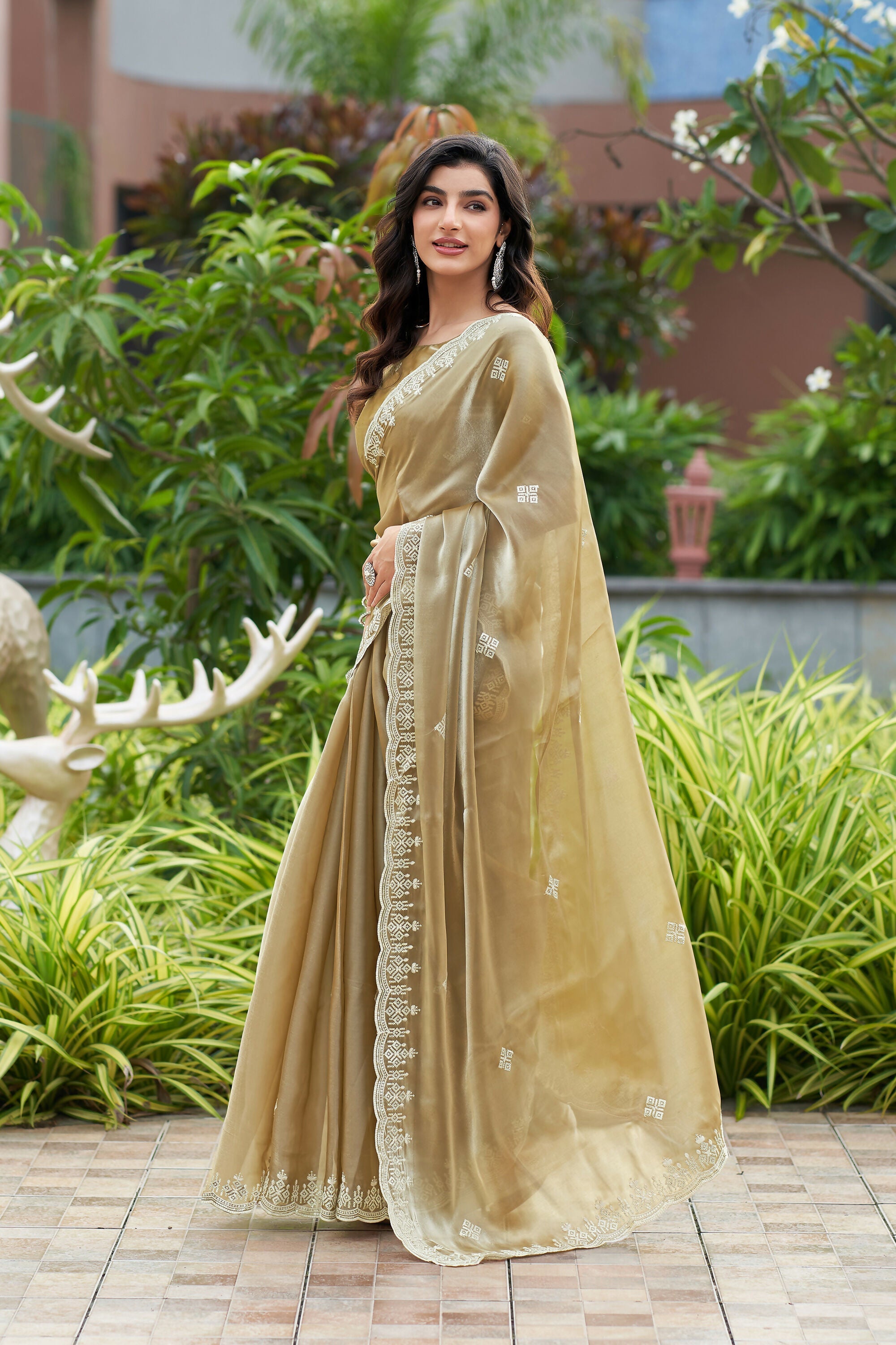 Vastranavya Beige Embroidery Work Shimmer Chiffon Saree with Unstitched Blouse - Distacart