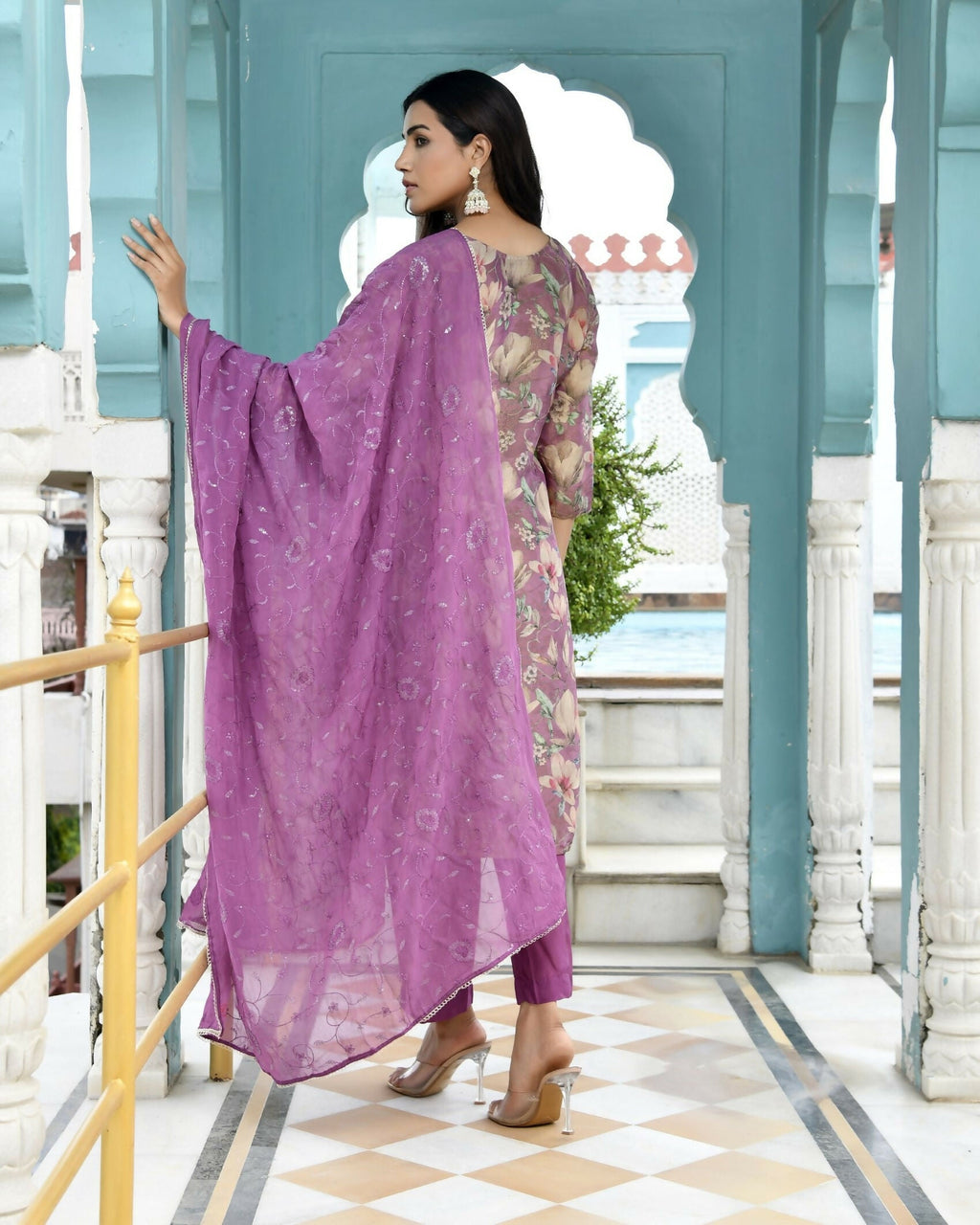 Vaasva Women's Purple Tissue Embroidered Suit Set With Solid Pant And Embroidered Dupatta
