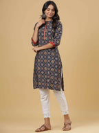Juniper Women's Navy Printed Straight Knee Length Kurta - Distacart