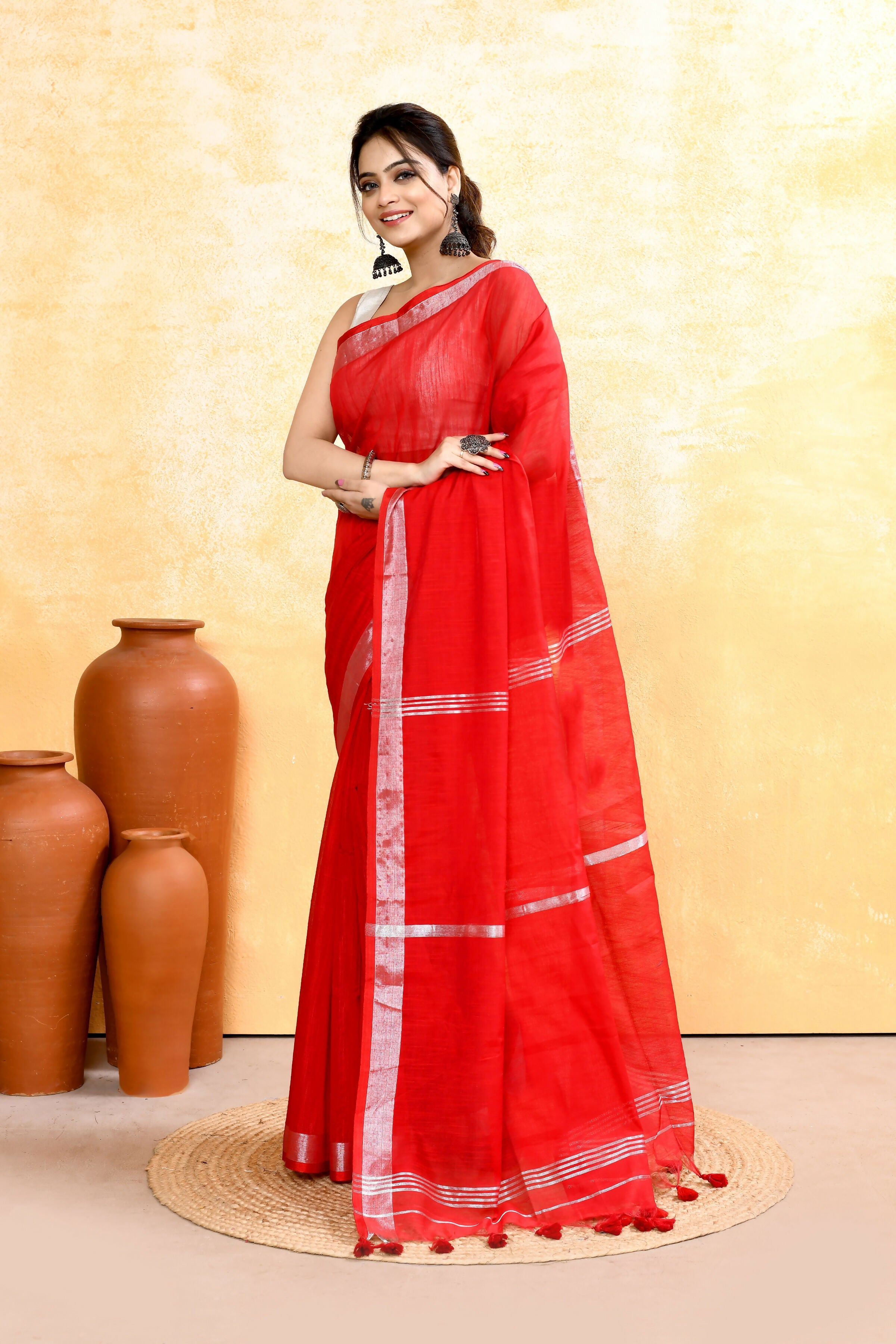 Piyari Fashion Women's Red Embellished Cotton Blend Zari Border Handloom Saree - Distacart