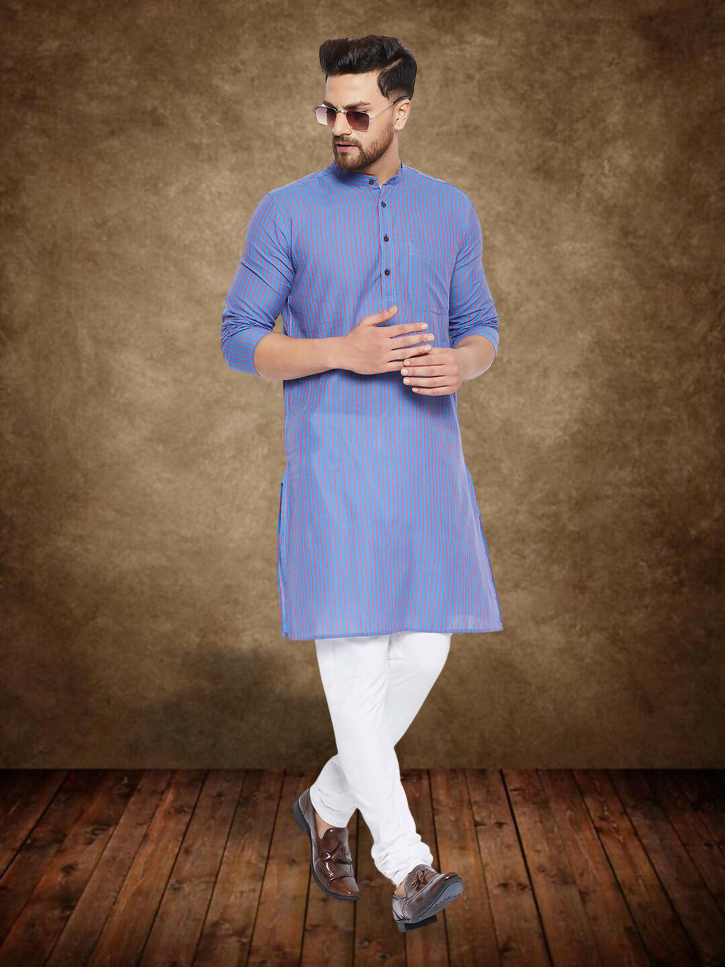 Even Apparels Men's Pure Cotton Blue Striped Kurta