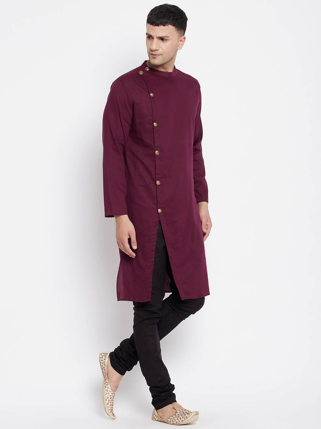 Even Apparels Maroon Pure Cotton Men's Sherwani Kurta With Asymetrical Cut - Distacart
