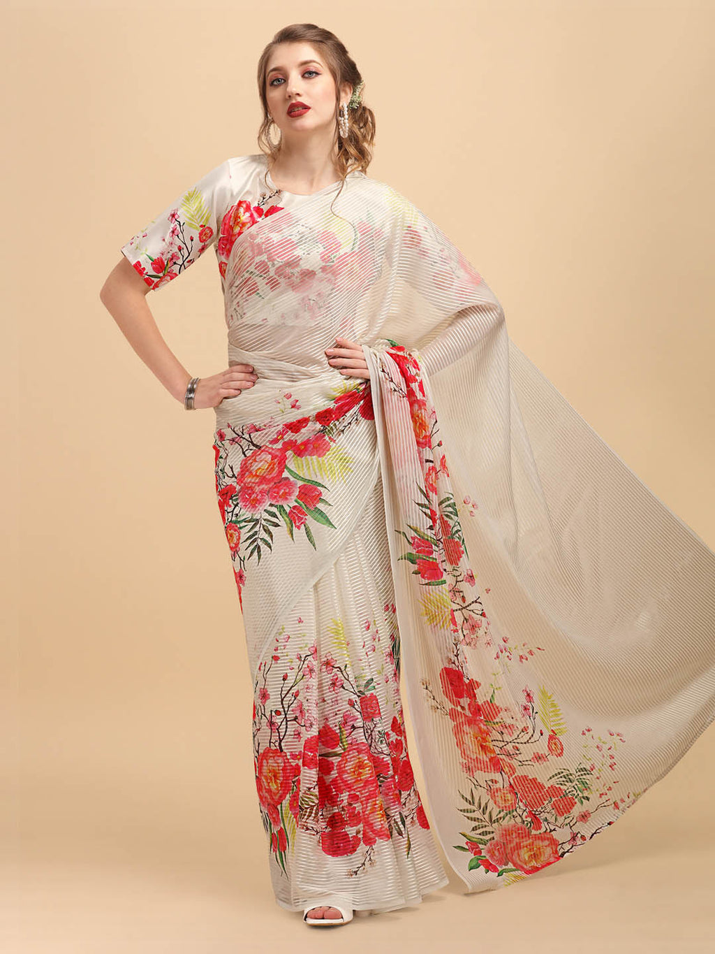 Sangria Off White & Red Floral Satin Designer Saree - Distacart