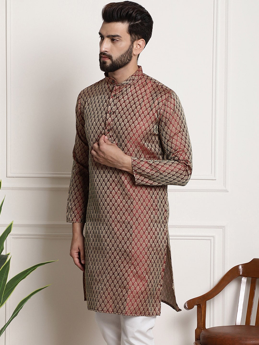 Sojanya Woven Design Mandarin Collar Silk Cotton Kurta