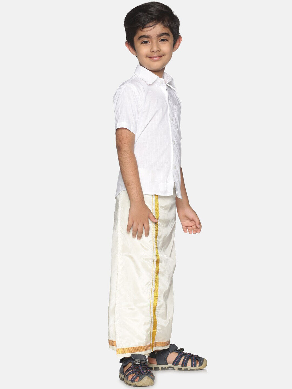 Sethukrishna Boys White & Gold-Toned Pure Cotton Shirt with Dhoti Set