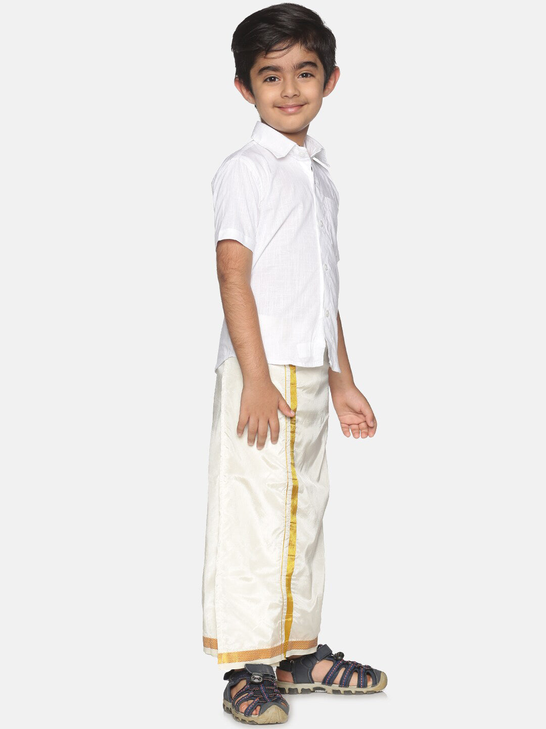 Sethukrishna Boys White & Gold-Toned Pure Cotton Shirt with Dhoti Set