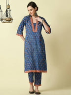 Myshka Women's Blue Straight Kurta & Trousers