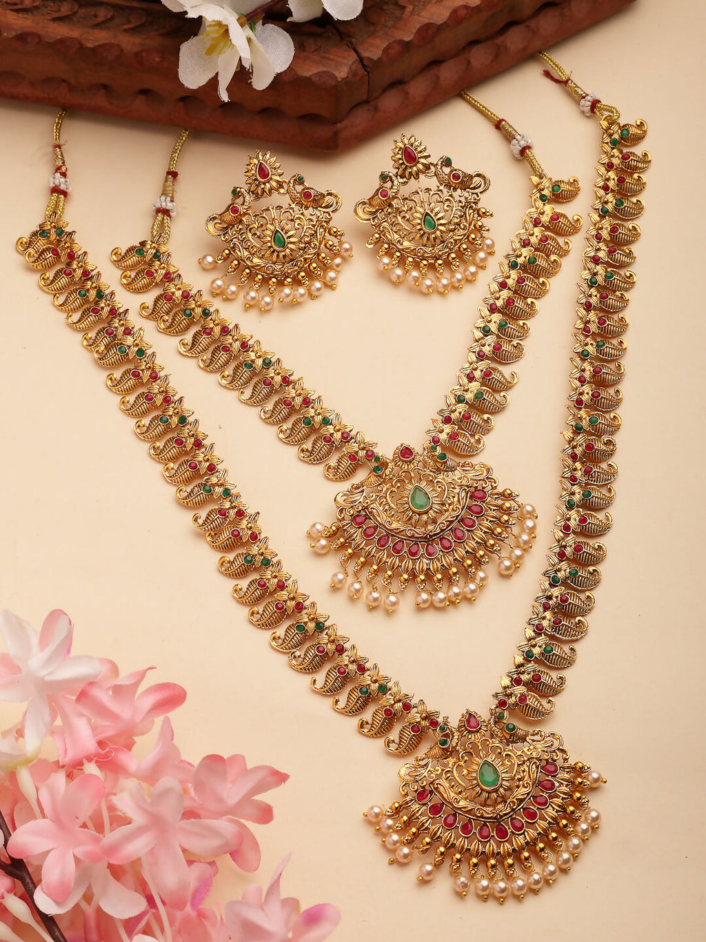 NVR Women's Set of 2 Gold-Polished Green & Pink Stone Studded Peacock Design Temple Jewellery Set