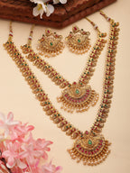 NVR Women's Set of 2 Gold-Polished Green & Pink Stone Studded Peacock Design Temple Jewellery Set