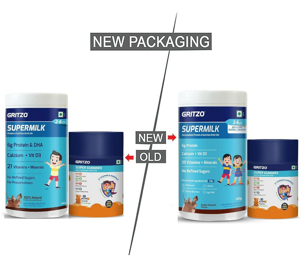 Gritzo SuperMilk Overall Growth (2-6y Boy & Girl) (Double Chocolate) with Super Gummies (Natural Orange Flavour)
