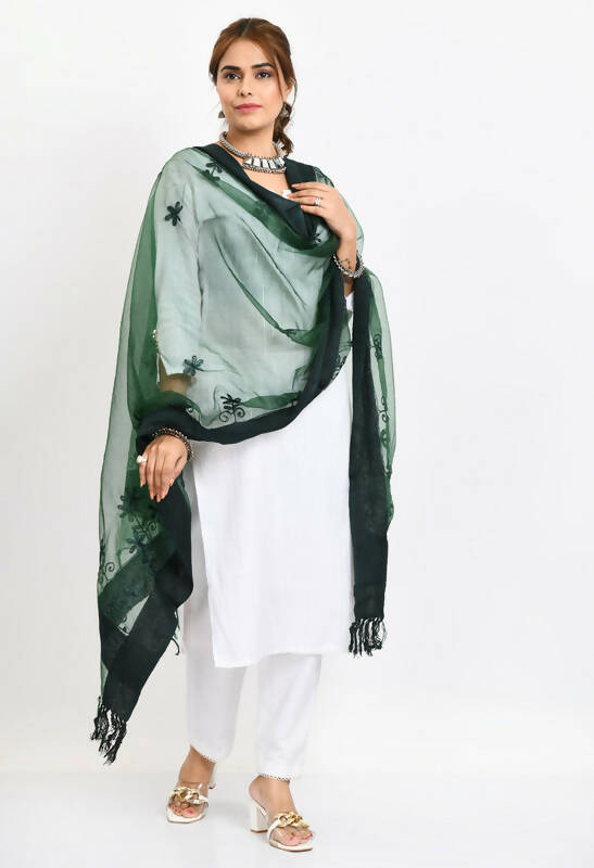 Mominos Fashion Moeza Women's Orgenza All Over Chikan Work Bottle Green Dupatta - Distacart