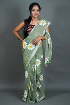 Exclusive Collection Light Pista Pure Cotton Saree With Sunflower Design - Distacart