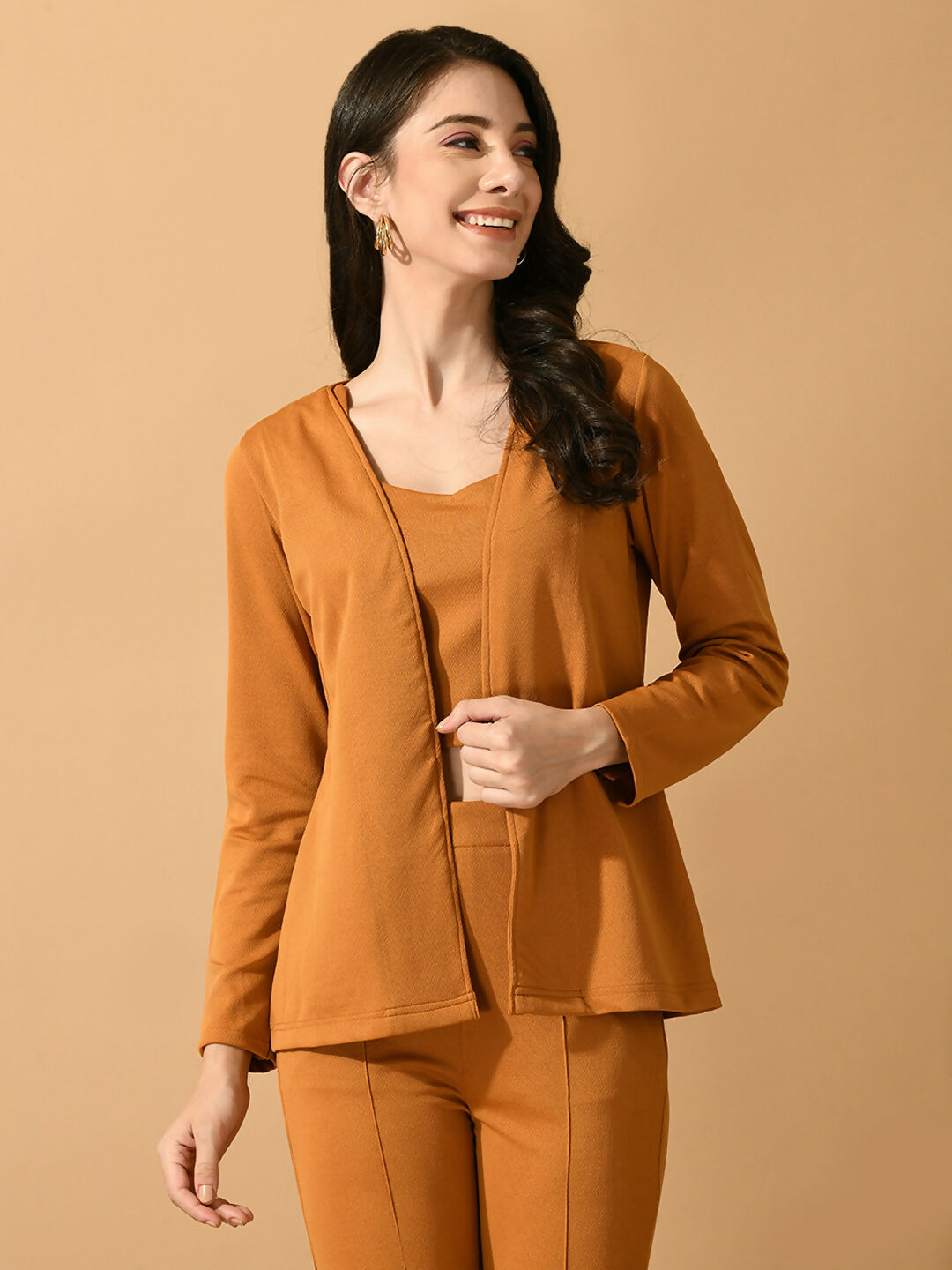 Myshka Women's Mustard Solid Coat With Trousers