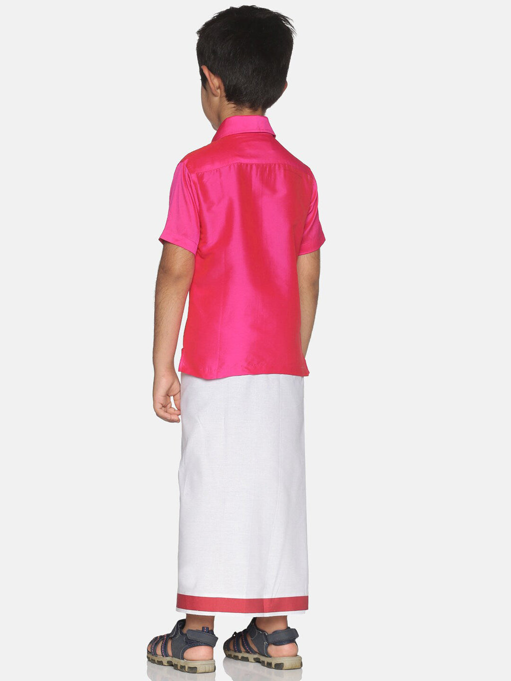 Sethukrishna Pink & White Solid Shirt and Veshti Set