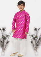 Little Bansi Boys Banarsi Silk Sherwani & Pyjama - Magenta & Cream
