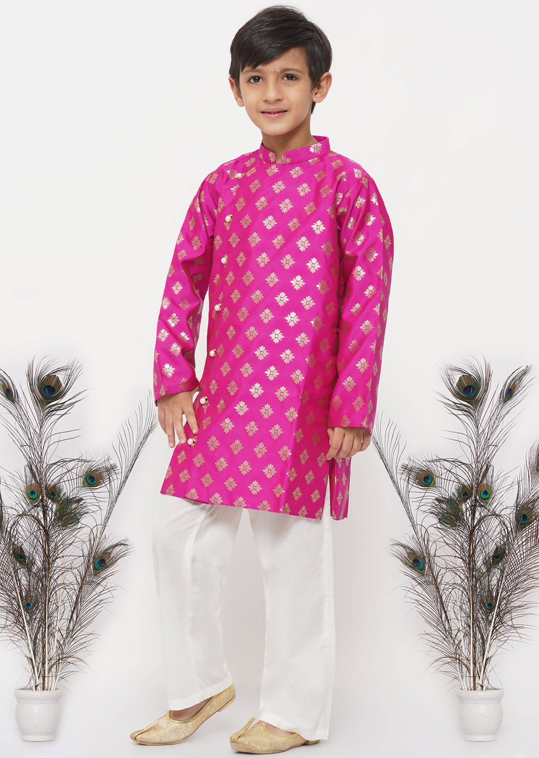 Little Bansi Boys Banarsi Silk Sherwani & Pyjama - Magenta & Cream