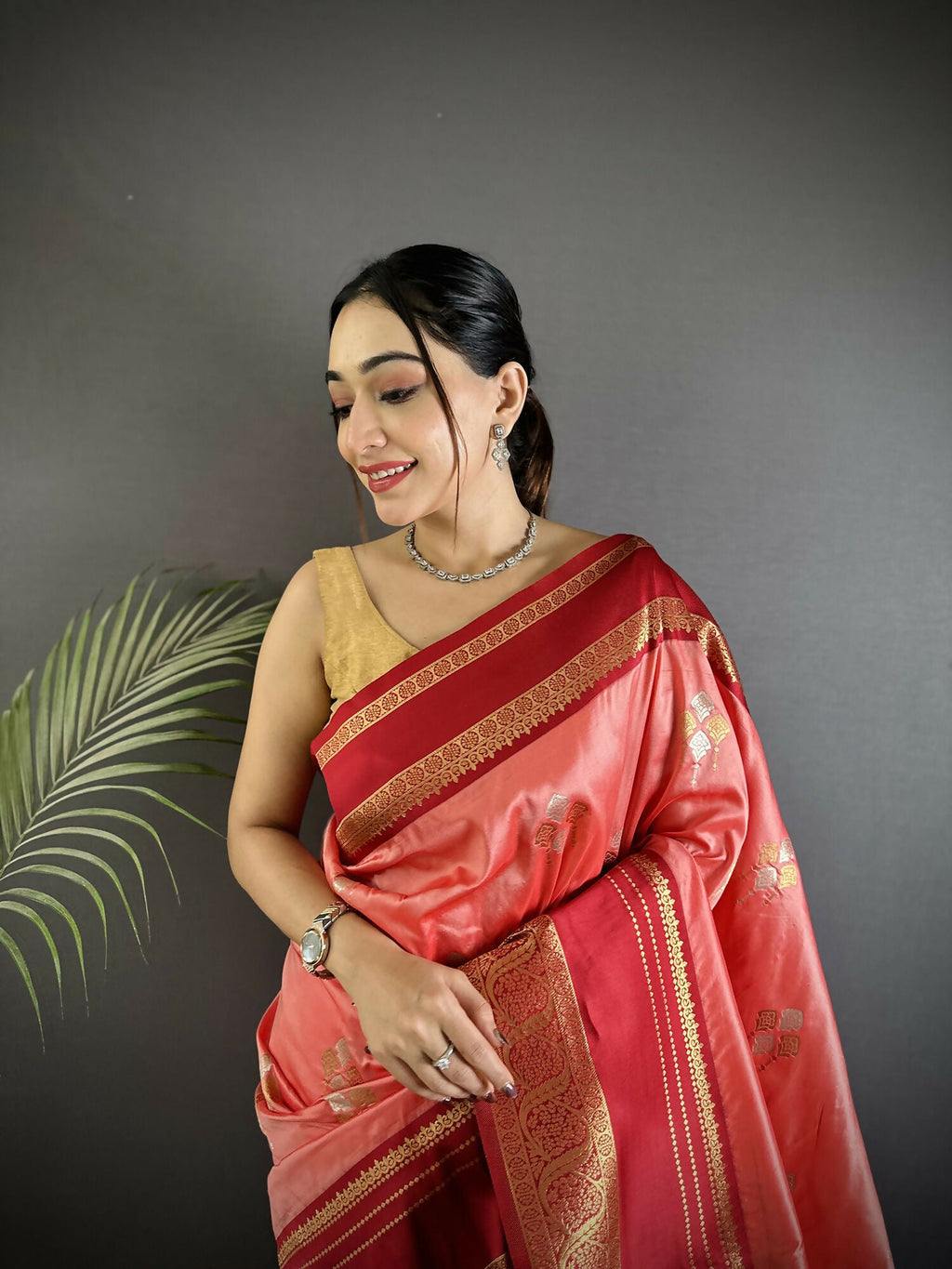 Joban Fashion Salmon Pink Banarasi Soft Silk Woven Saree - Distacart