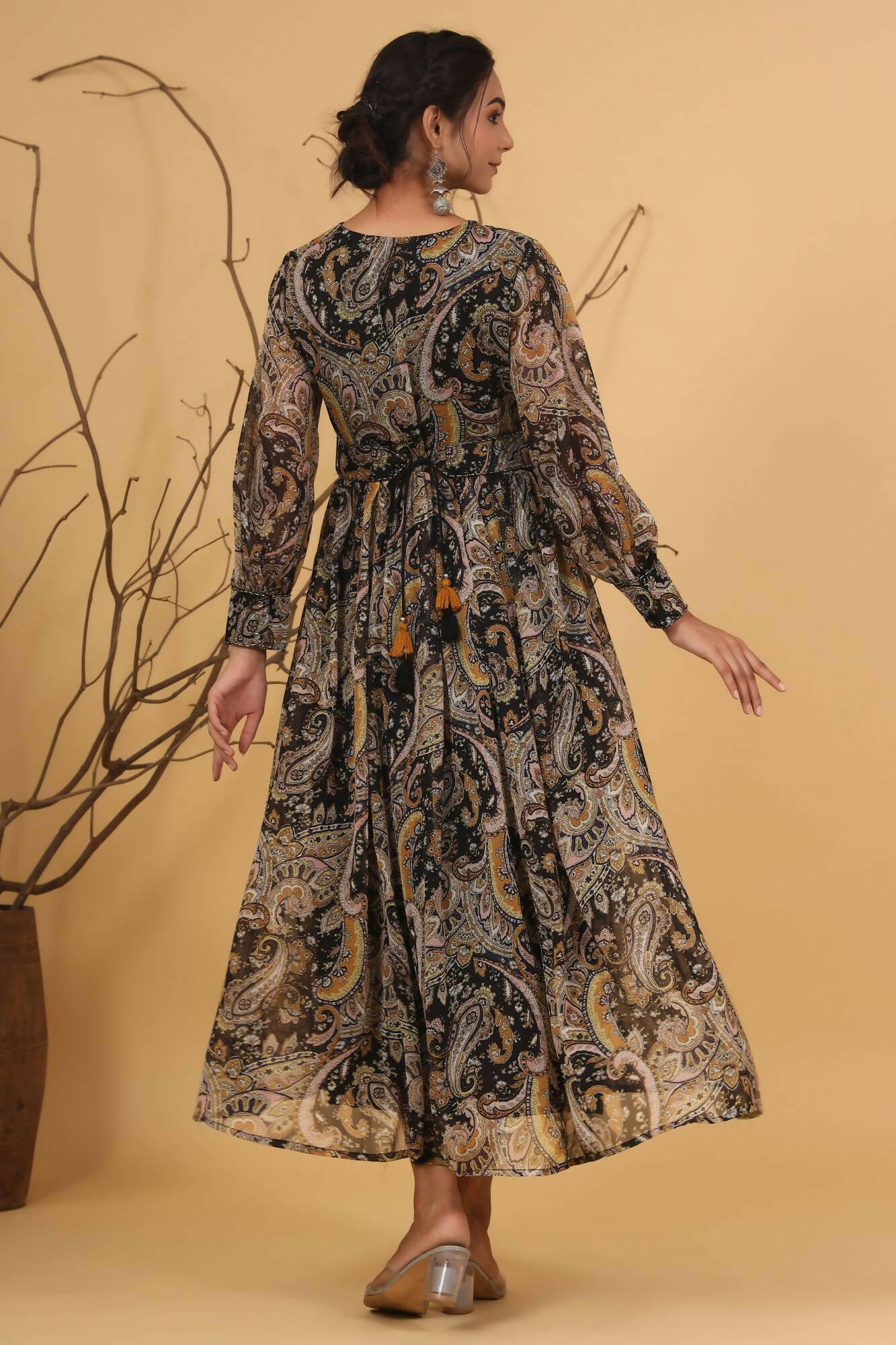 Juniper Women Black Chiffon Printed Flared Dress - Distacart