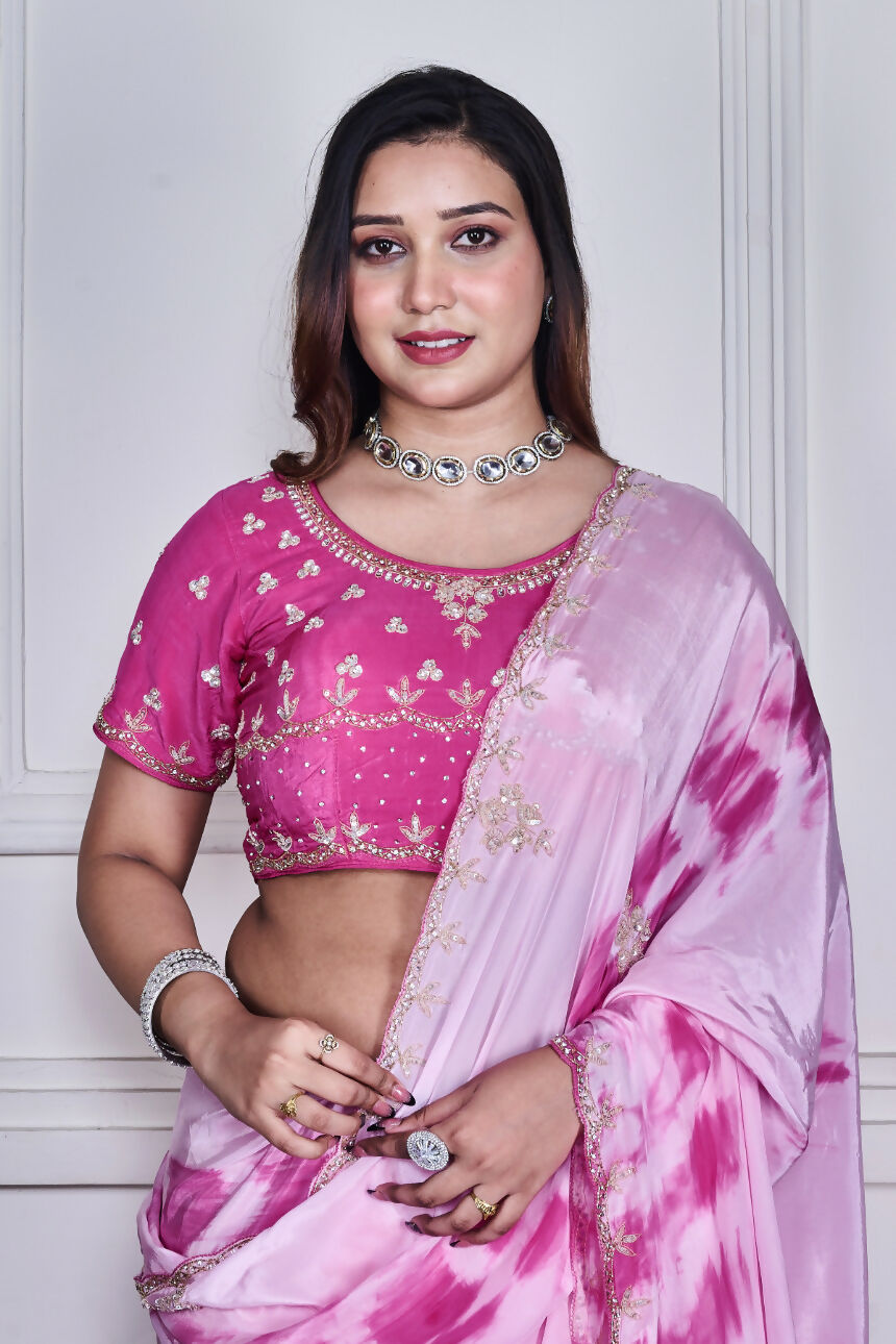Morchari Pink Crepe Hand Embroidery Saree And Stitched Blouse - Distacart