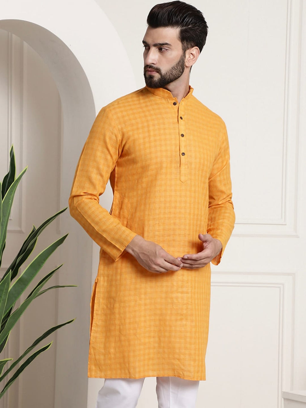 Sojanya Men Mustard Yellow Dobby Self-Checked Straight Kurta