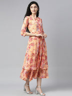 Souchii Peach-Coloured Floral Layered Chiffon A-Line Midi Dress - Distacart