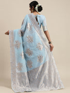 Saree Mall Turquoise Blue Floral Linen Blend Banarasi Saree - Distacart