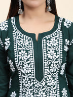 HOUSE OF KARI Women Green Floral Embroidered Chikankari Kurta with Palazzos