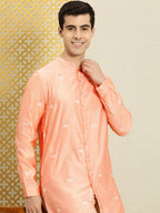 House of Pataudi Men Peach-Coloured Floral Embroidered A-Line Kurta
