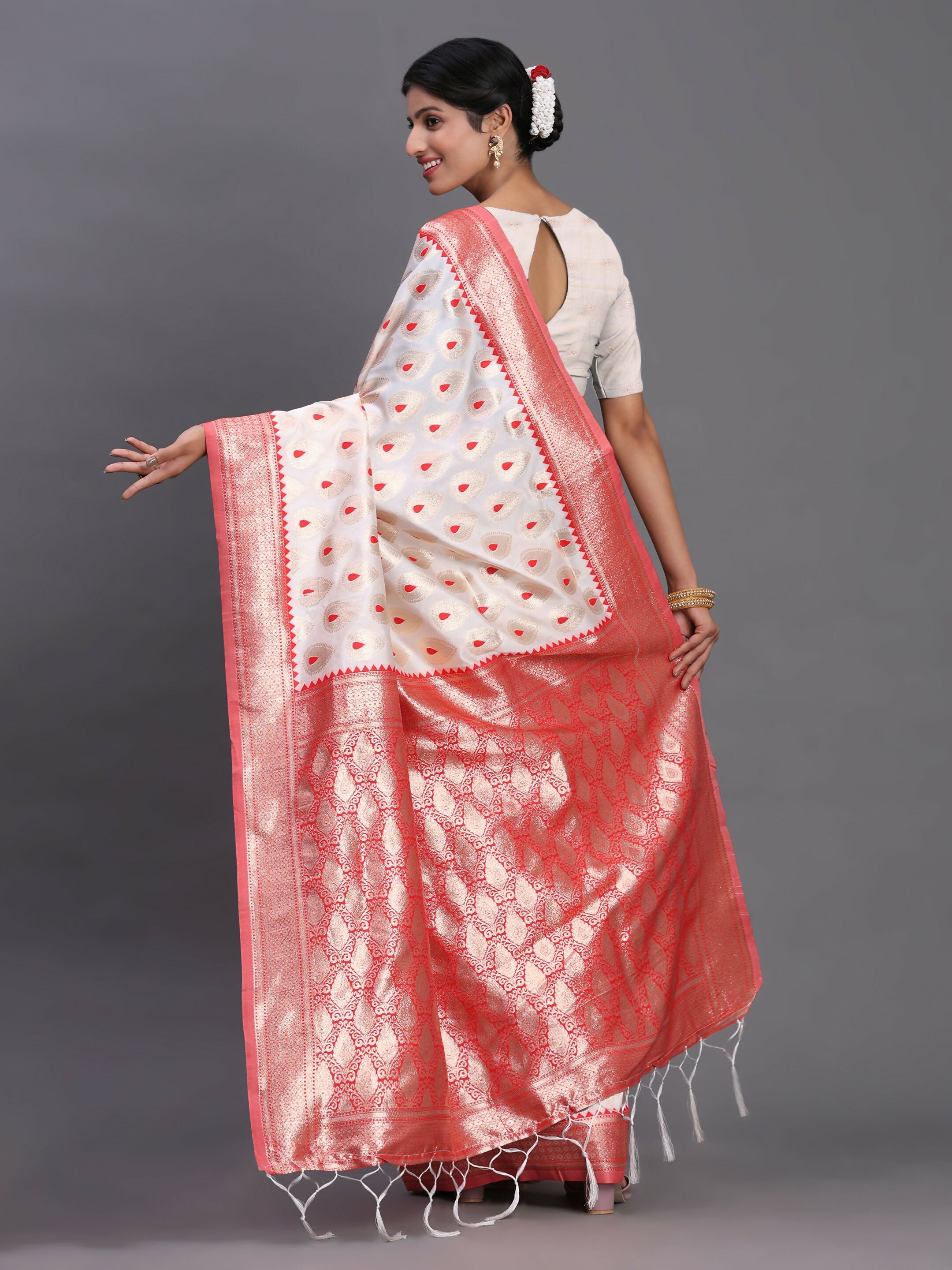 Shree Shyam Fashion Banarasi Silk Red & White Saree - Distacart