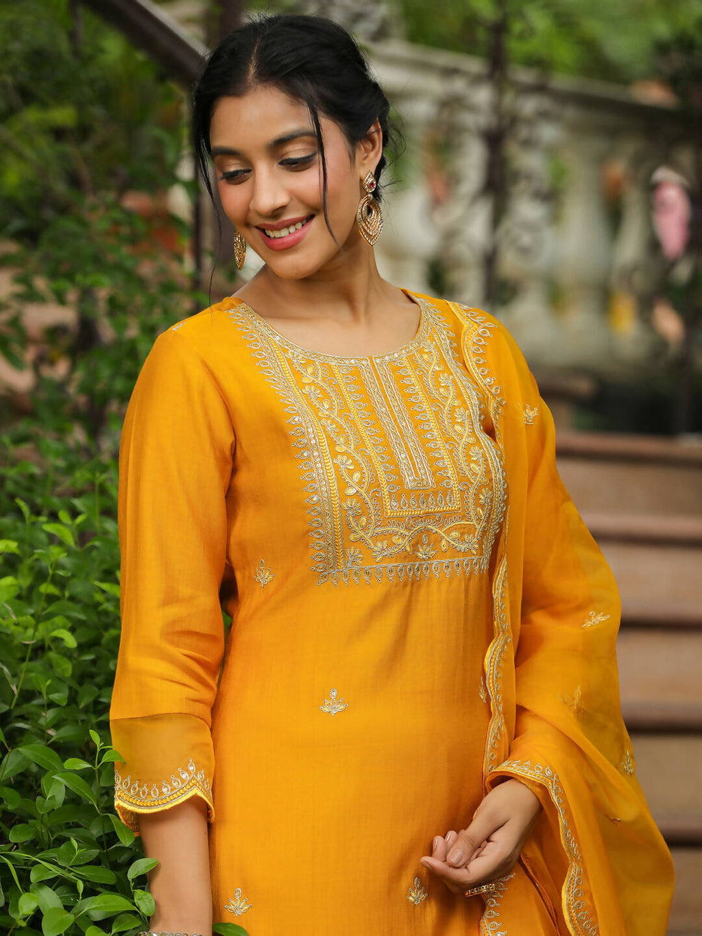 Janasya Mustard Silk Blend Embroidered Kurta,Bottom & Dupatta