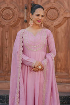 The52 Pink Women's Gorgeous Vichitra Silk Fabric Embroidered Work Flared Anarkali Pant and Dupatta Set - Distacart