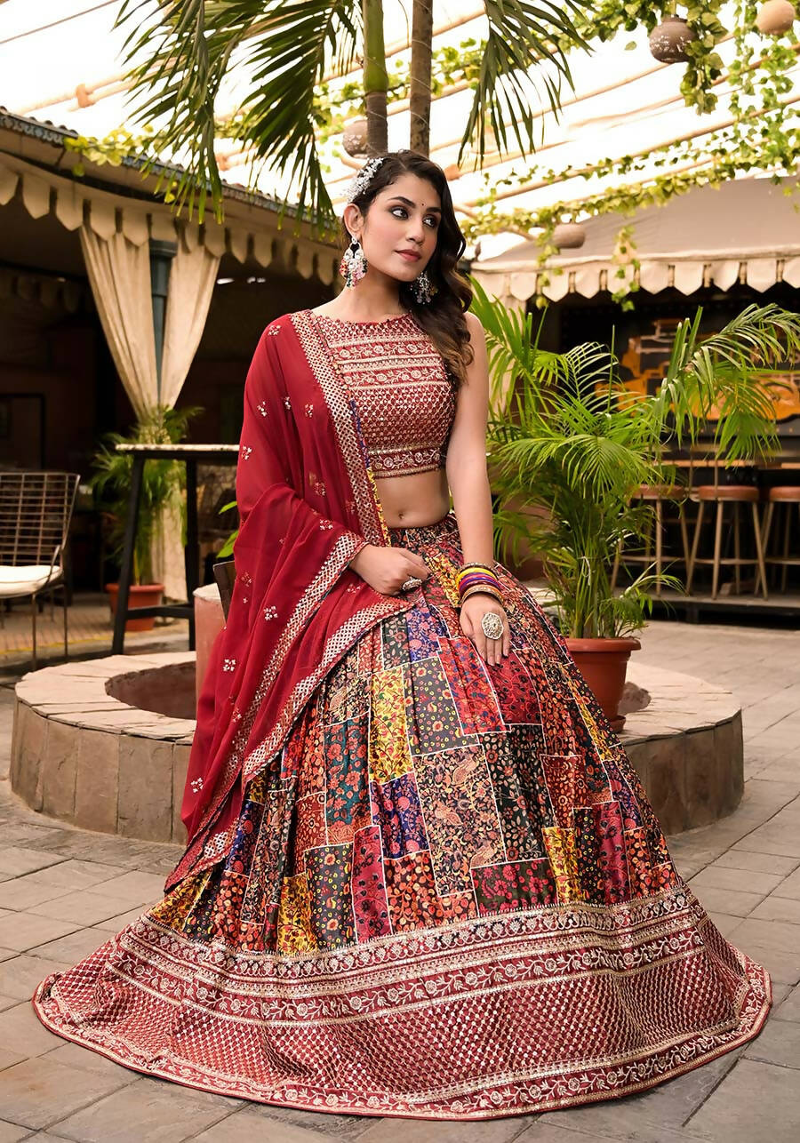 Women's Wedding Traditional Multi Dull Satin Lehenga Choli - Kaushlya