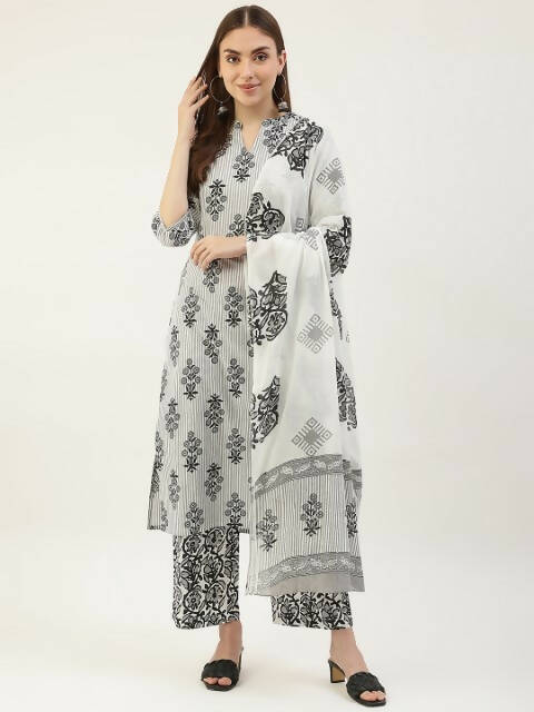 FIORRA Women's White Cotton Straight Kurta Pant With Dupatta