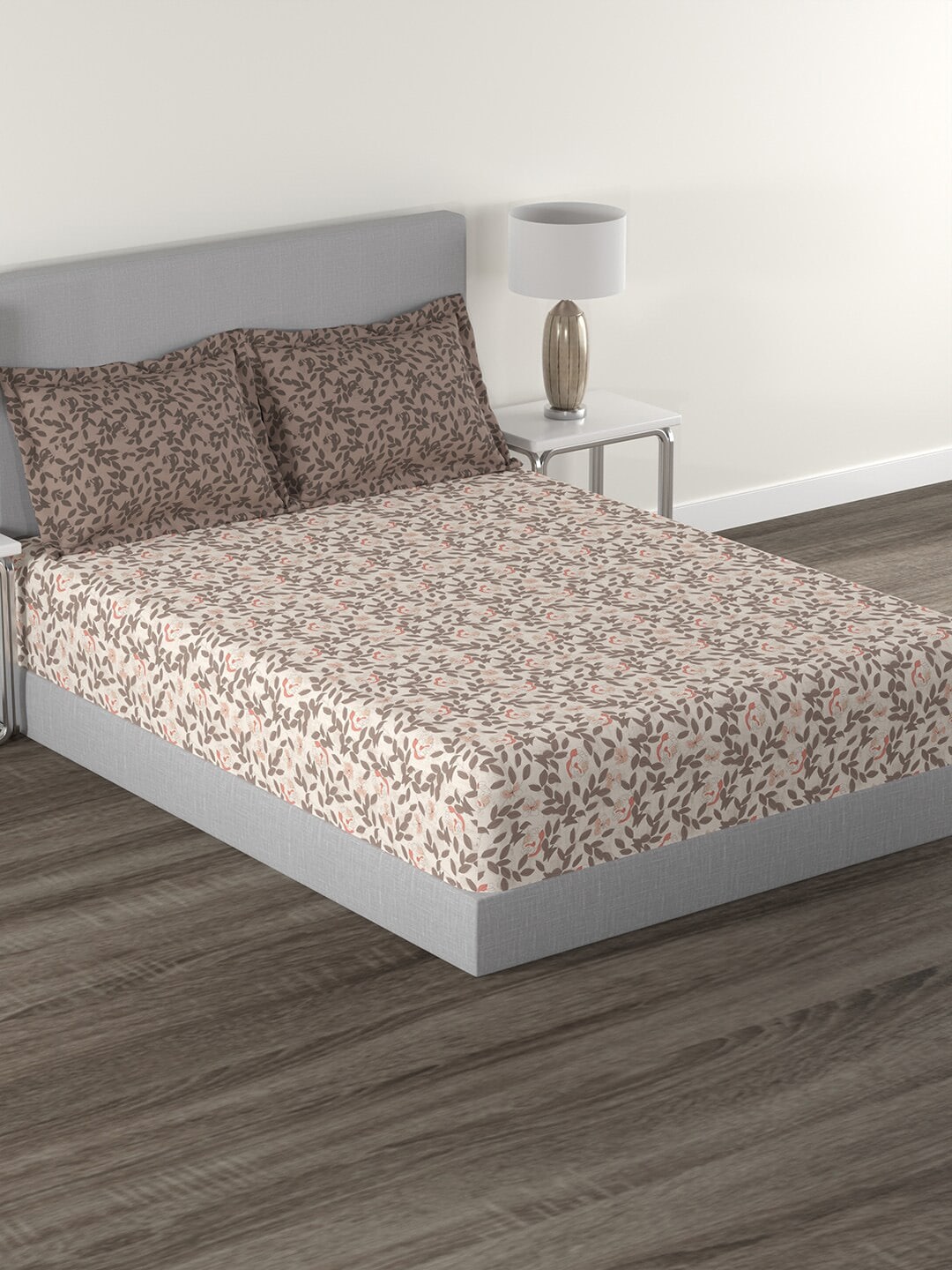 MYTRIDENT Brown White Floral Cotton 144 TC Queen Bedsheet With 2 Pillow Covers