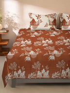Rajasthan Decor Rust & Cream Printed Cotton 160 TC King Bedsheet with 2 Pillow Covers
