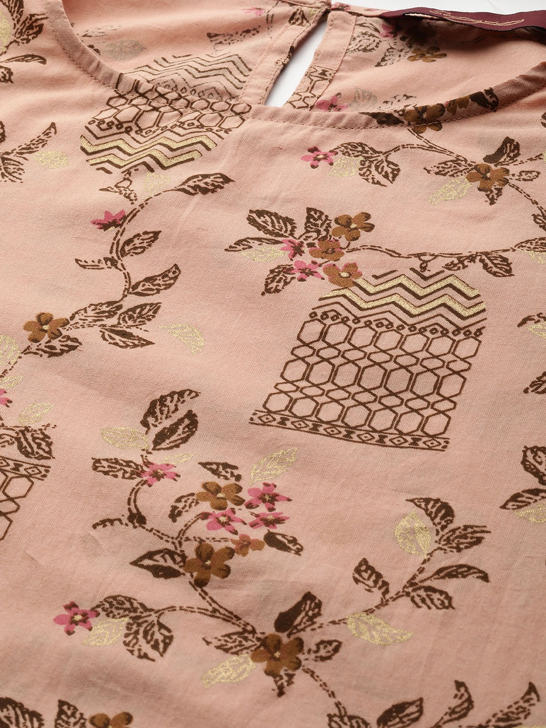 Sangria Women Dusty Pink & Brown Pure Cotton Printed Kurta with Palazzos & Dupatta