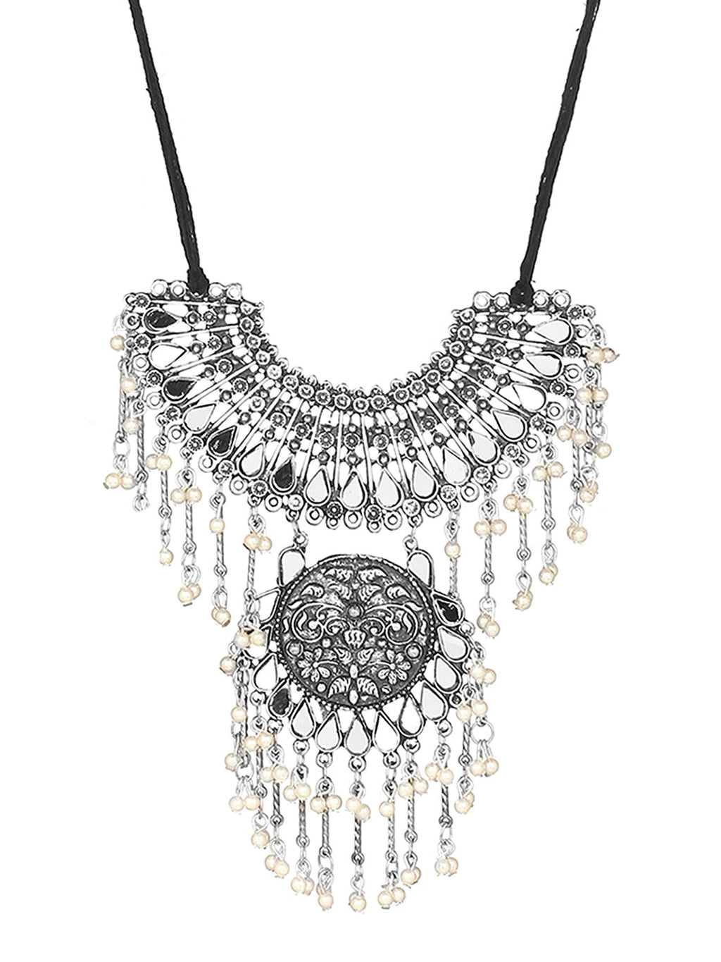 Cardinal Silver-Toned Mirror Studded & Beaded Oxidised Choker Jewellery Set - Distacart