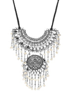 Cardinal Silver-Toned Mirror Studded & Beaded Oxidised Choker Jewellery Set - Distacart