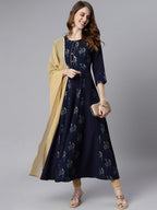 Janasya Navy Blue Floral Printed Crepe Anarkali Kurta with Dupatta - Distacart
