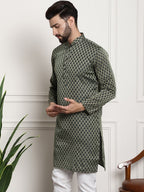 Sojanya Men Green & Beige Jacquard Silk Kurta