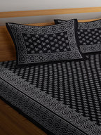 Rajasthan Decor Black & White Ethnic Motifs 144 TC Cotton 1 Queen Bedsheet with 2 Pillow Covers