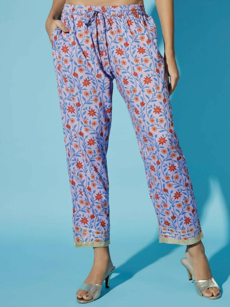 Myshka Women Printed Lavender Kurta & Trousers With Dupatta - Distacart