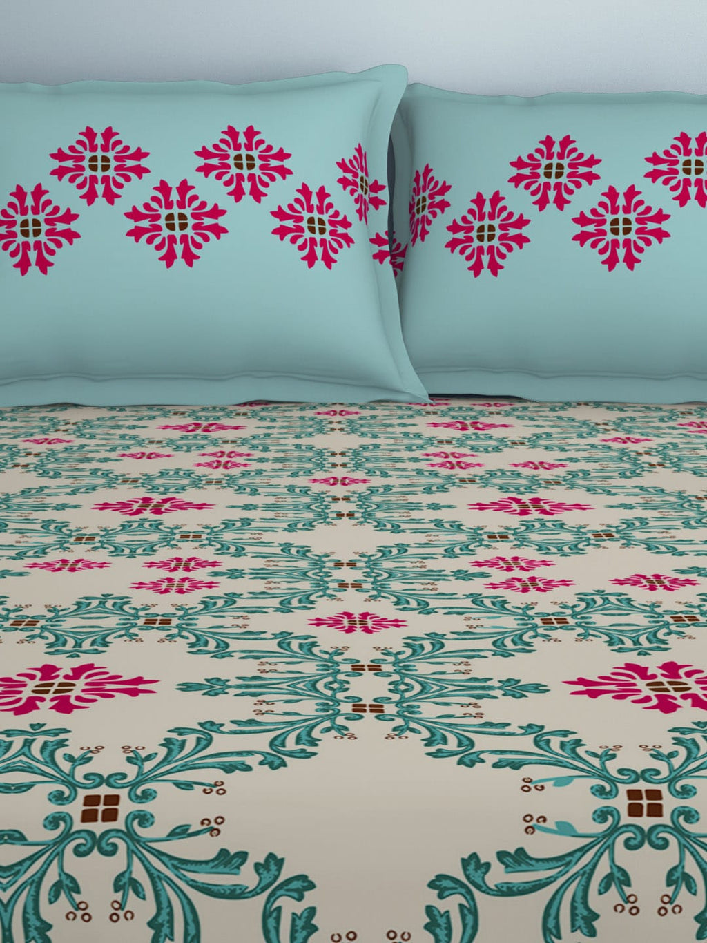SPACES Aurum Blue Ethnic Motifs Pure Cotton 140 TC Queen Bedsheet With 2 Pillow Covers