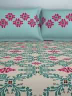 SPACES Aurum Blue Ethnic Motifs Pure Cotton 140 TC Queen Bedsheet With 2 Pillow Covers