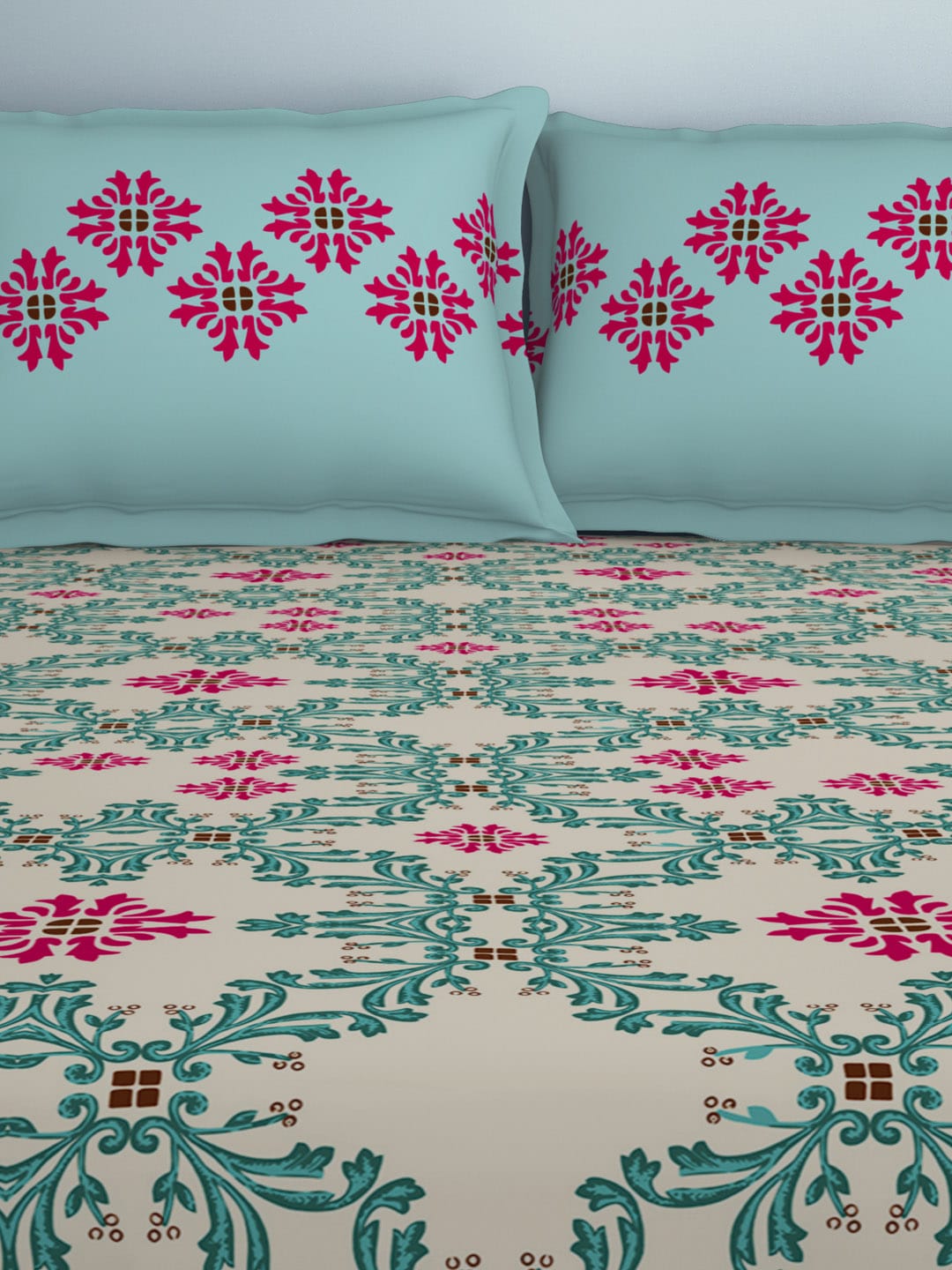 SPACES Aurum Blue Ethnic Motifs Pure Cotton 140 TC Queen Bedsheet With 2 Pillow Covers