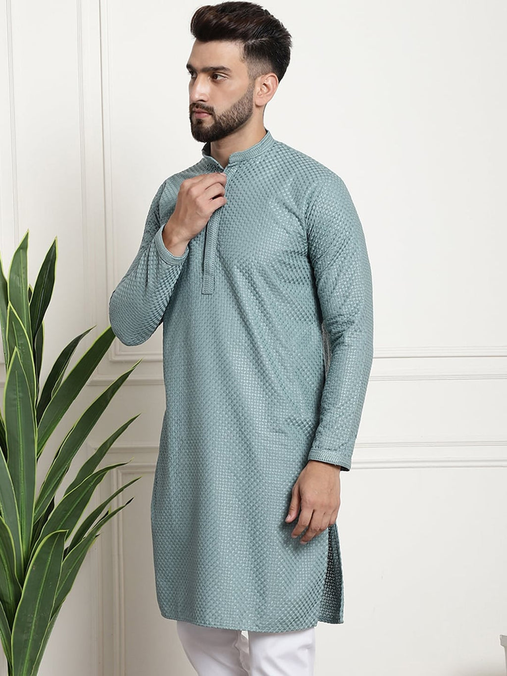 Sojanya Woven Design Mandarin Collar Straight Cotton Kurta