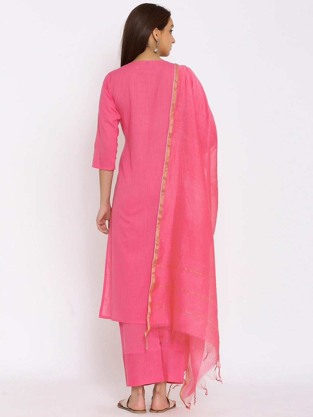 HERE&NOW Pink & Green Floral Embroidered Zari Work Kurta with Palazzos & Dupatta