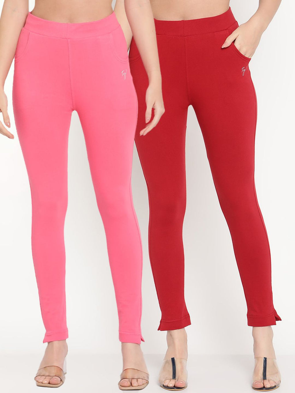 TAG 7 Set Of 2 Pink & Red Solid Leggings